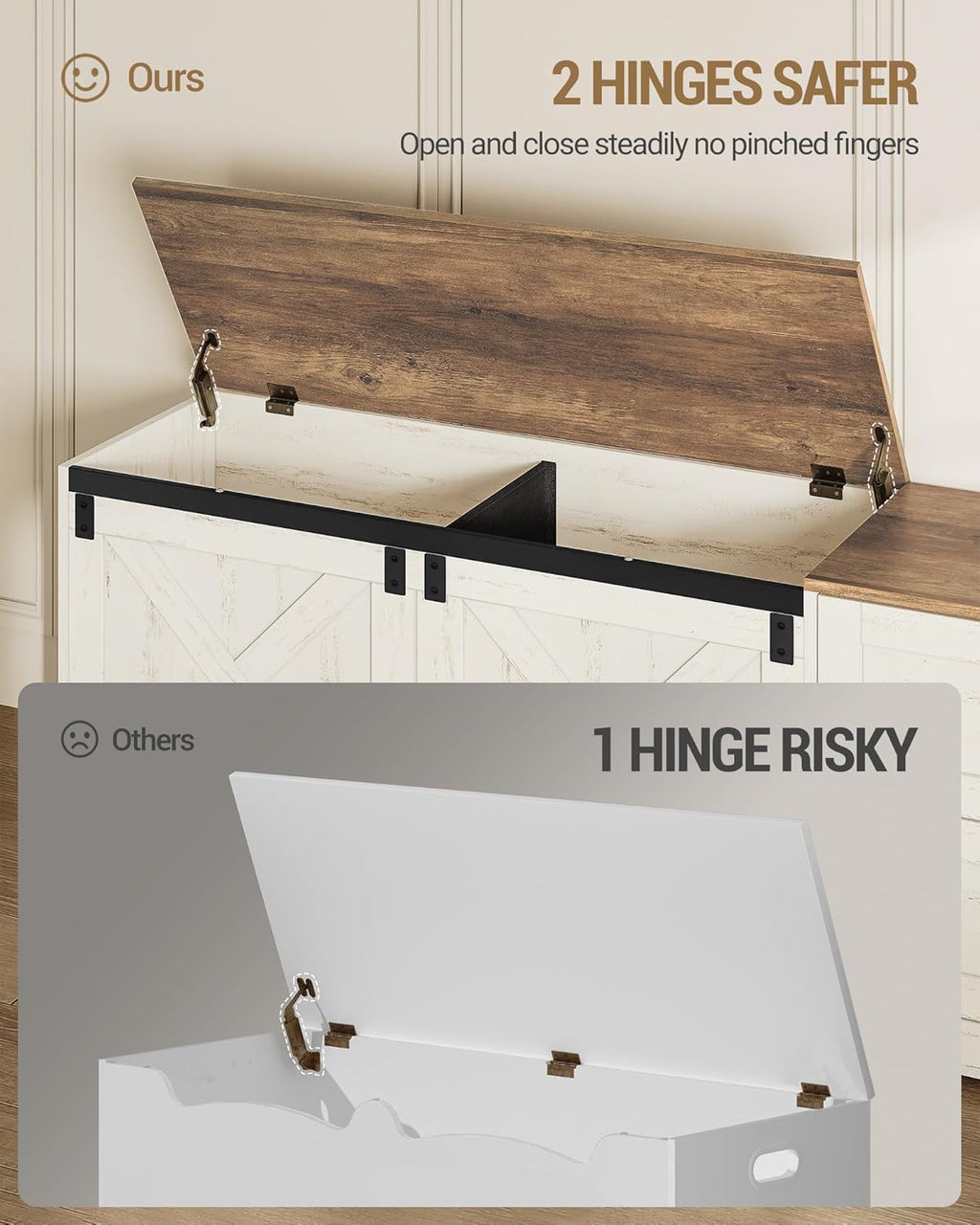 Hzuaneri Storage Chest, 58" Extra Large Storage Bench with Double Drawers, Farmhouse Style Wooden Chest Bench with Barn Door, Large Trunk for Living Room, Bedroom, or Entryway, Antique White SB15114X