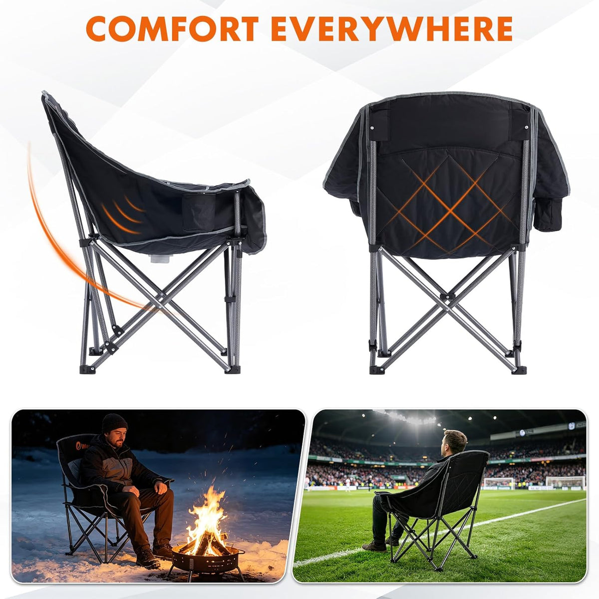 EMERIT 2 Pack Oversized Padded Camping Chairs, Heavy Duty 450 LBS Capacity Outdoor Folding Quad Chair with Cup Holder, Portable for Camping, Tailgating, Sports, Backyard & Patio, Black