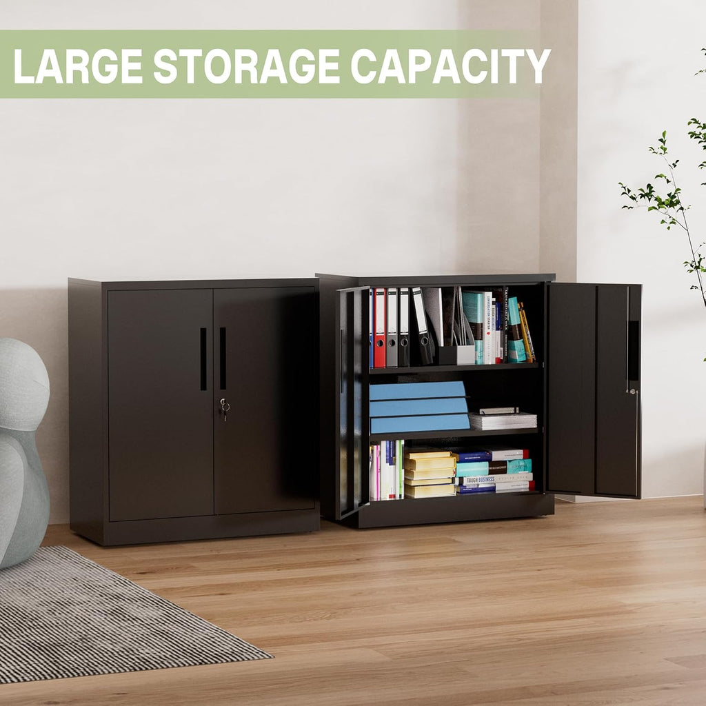 Metal Storage Cabinet, 35" H Garage Storage Cabinet with Doors and Adjustable Shelves, Small Locking Tool Cabinet Utility Cabinets for Home Office, Garage, Warehouse, School (Black)
