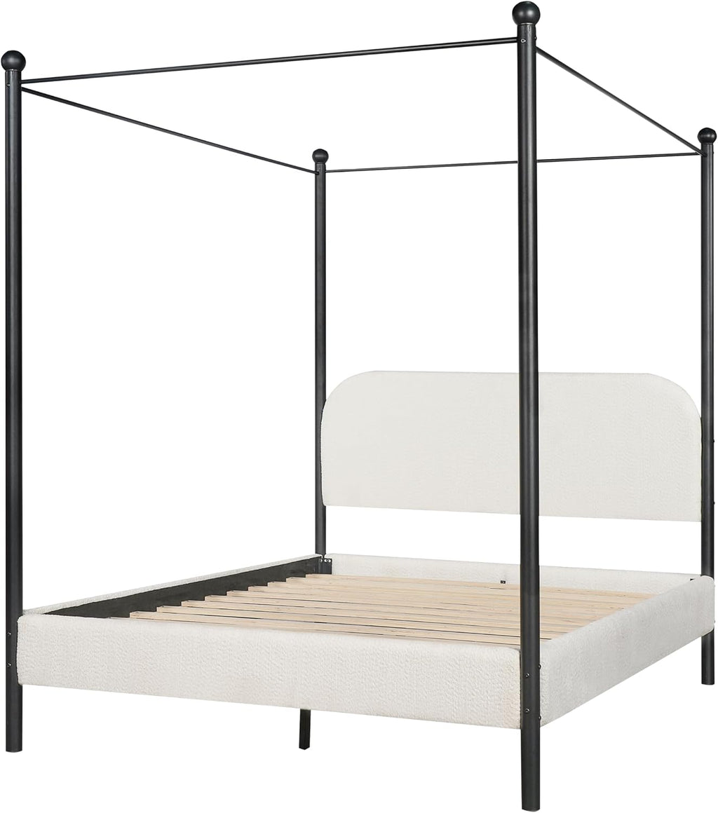 Christopher Knight Home Queen Size Upholstered Canopy Bed Frame with Boucle Fabric, Curved Headboard and Iron Legs, Modern Platform Bed Frame with Slats No Box Spring Needed, White