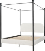 Christopher Knight Home Queen Size Upholstered Canopy Bed Frame with Boucle Fabric, Curved Headboard and Iron Legs, Modern Platform Bed Frame with Slats No Box Spring Needed, White