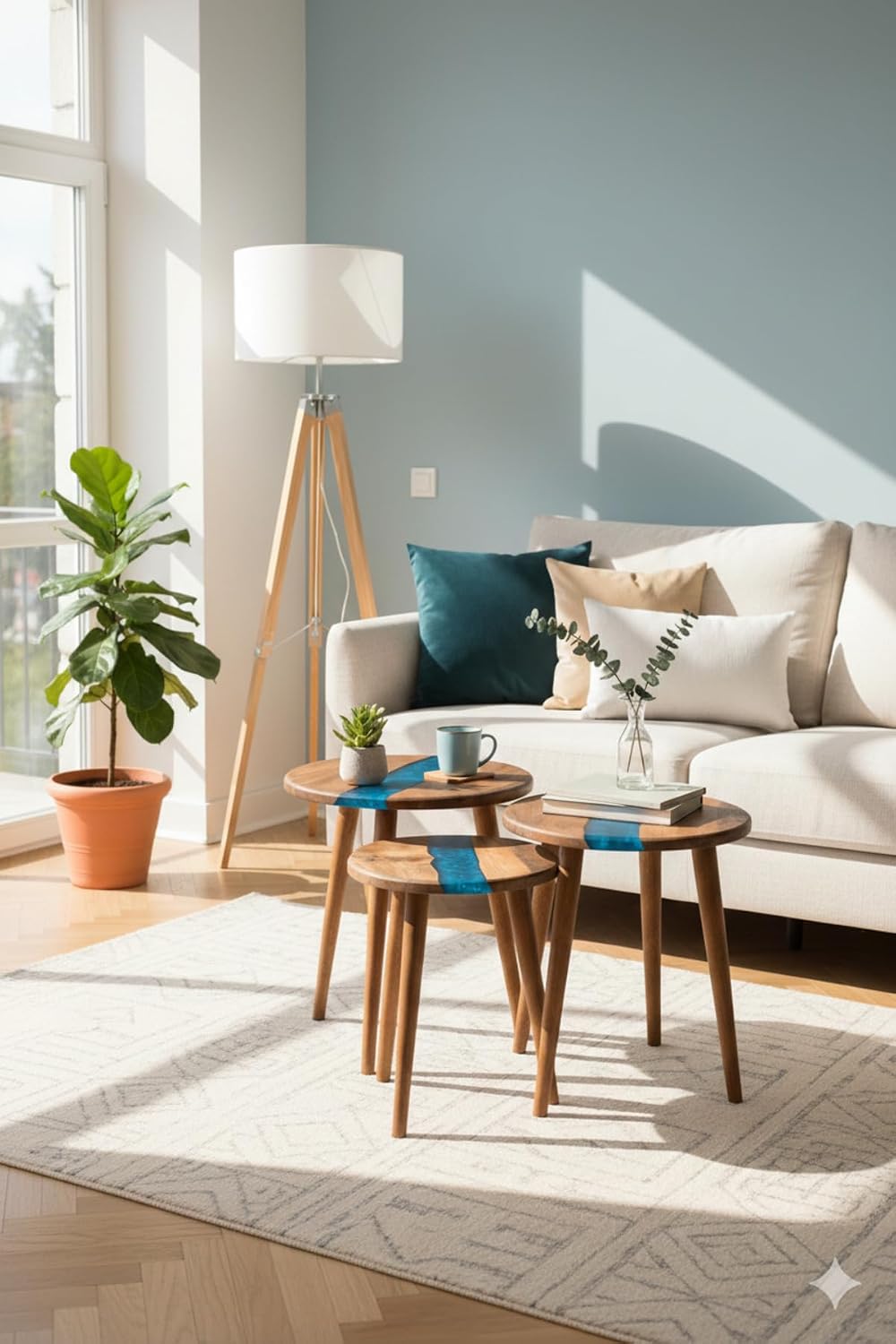 3-Piece Round Nesting Side Table Set 15.7 in | Blue Walnut Wood & Epoxy | Modern Scandinavian Style | Handmade | Durable & Easy Easy to Wipe | GOKCESANWOOD - Blue
