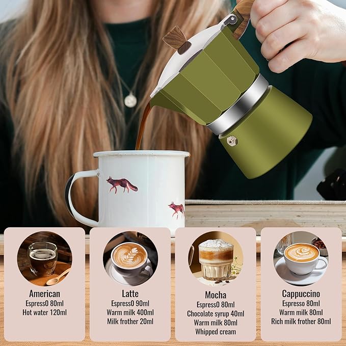 3 Cup Aluminum Moka Pot Classic Stovetop Espresso Coffee Maker 150ml 5oz Coffeemaker Percolator Mocha Pot Greca Coffee Maker Cafe Makers for Italian and Cuban Café Brewing Green