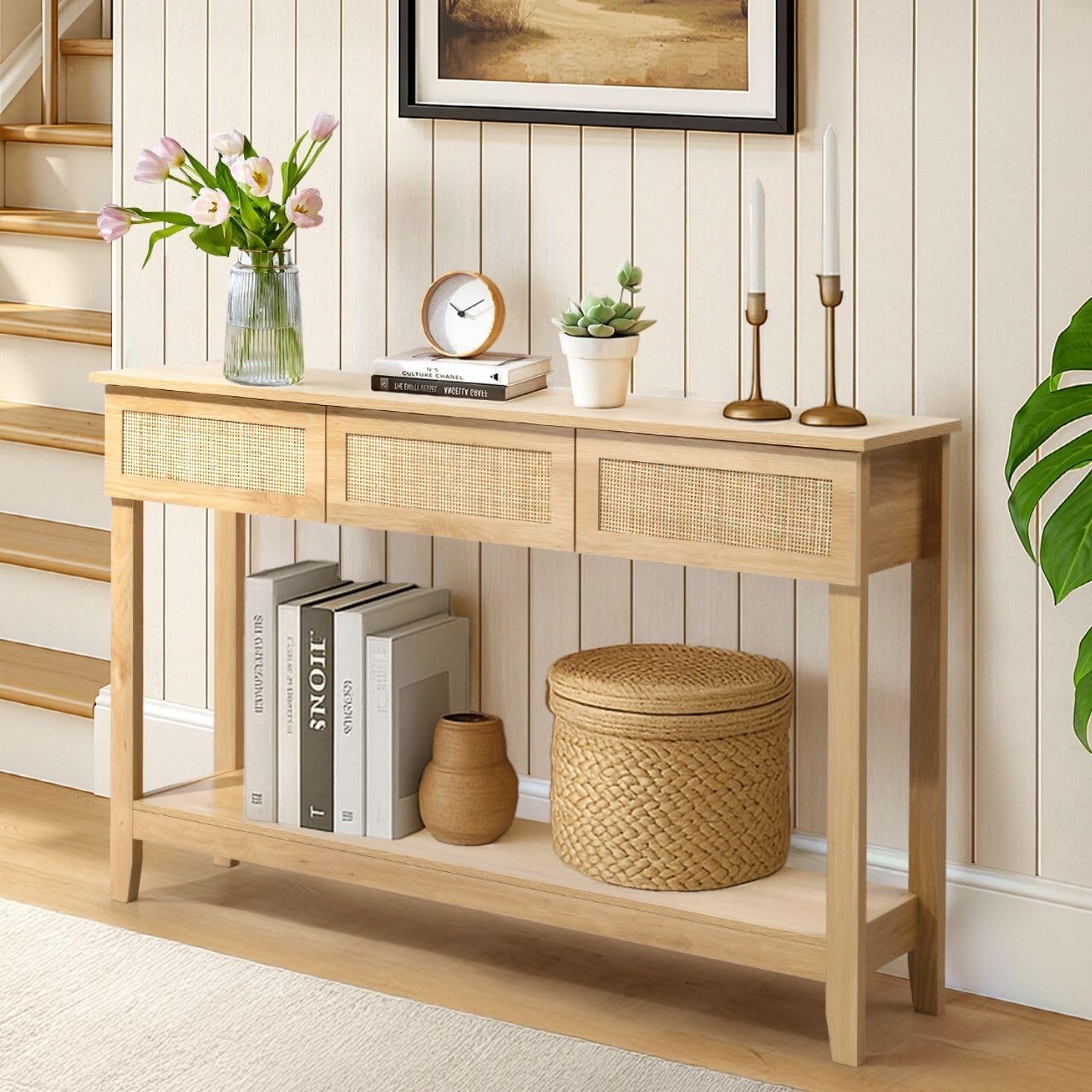 Karl home 51"Console Table w/3 Rattan Drawers & Storage Shelf, Natural Wood | Boho sofa table with 13.1"W rattan drawers,storage shelf,living room and hallway use, natural wood look
