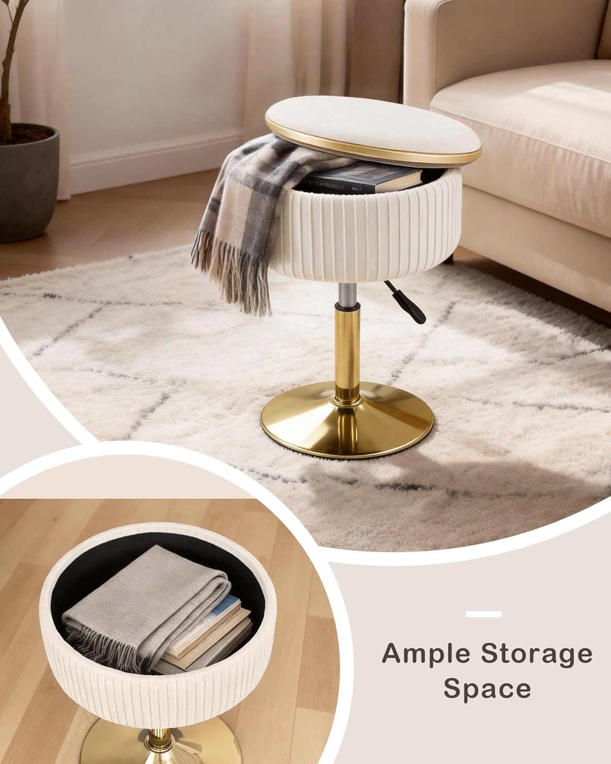 LITZFUR Adjustable Vanity Stool with Storage, 360° Swivel Gold Chair, Velvet Small Round Ottoman Footrest for Bathroom, Makeup Room, Beige