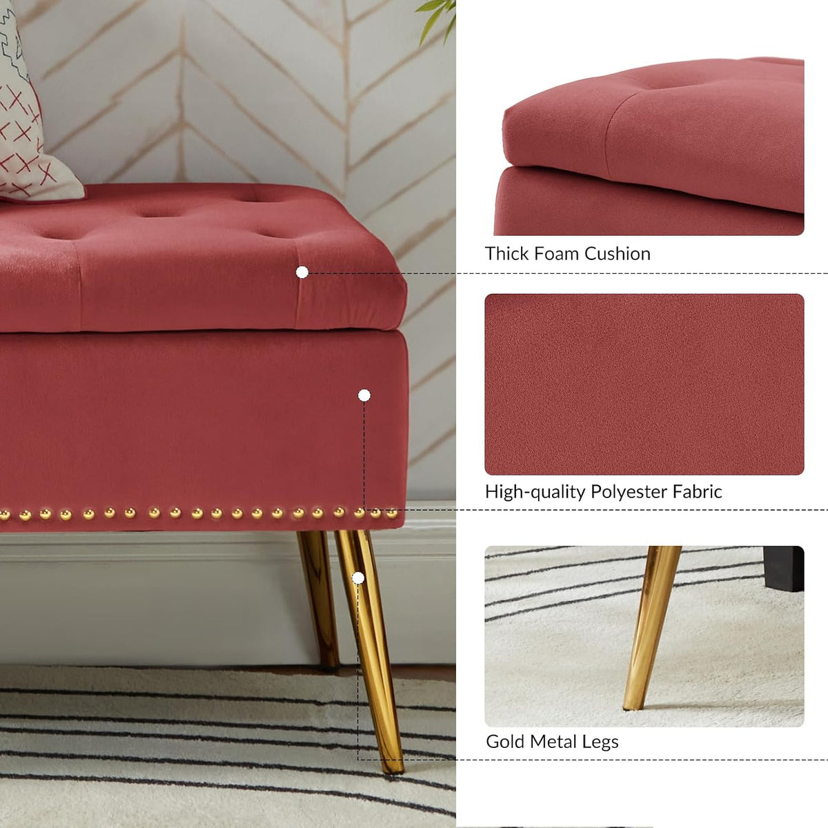 HULALA HOME Modern Velvet Storage Ottoman Bench with Gold Base & Nailhead Trim, Upholstered Bedroom Bench for End of Bed, Button-Tufted Footstool for Entryway Living Room Dining Room, Rosewood