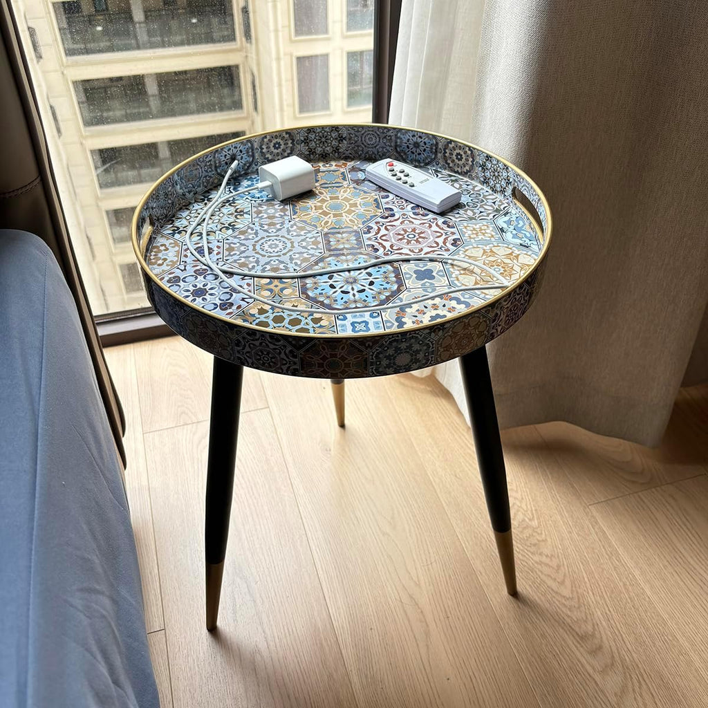Small Round Accent End Table with Tray Top for Living Room, Bedside, Balcony (Metal Leg, 28)