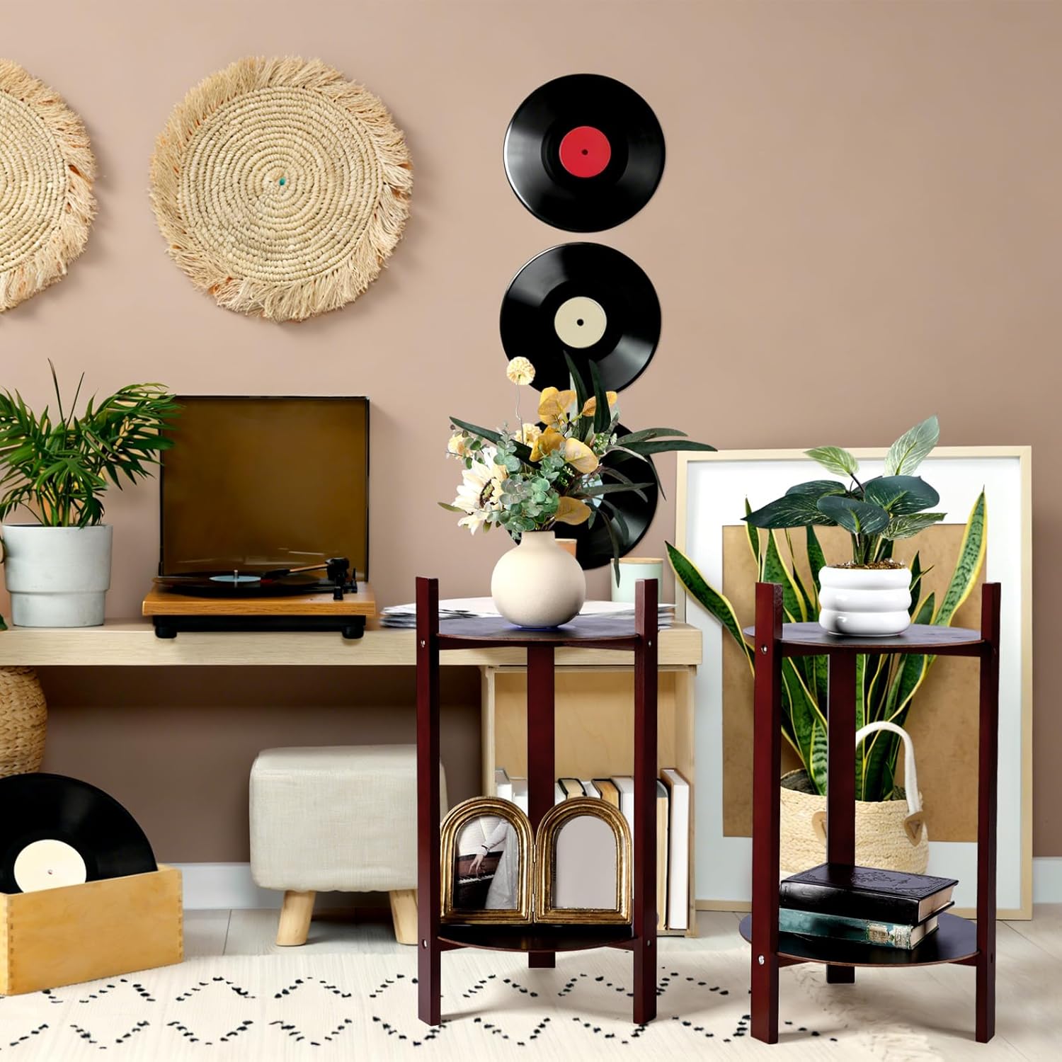 Thyle 2 Pack Record Player Stand Retro 2-Tier End Table Small Sofa Coffee Side Tables Nightstand Bedside Stand Bedroom Record Holder and Multi-Functional End Table for Living Room