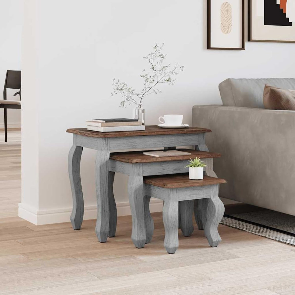 Gecheer 3 Piece Nesting Tables Set, Solid Mahogany Wood Side Tables, Antique Vintage Style End Tables for Living Room, Handmade Sturdy Coffee Table Set with Natural Imperfections, 3 Sizes