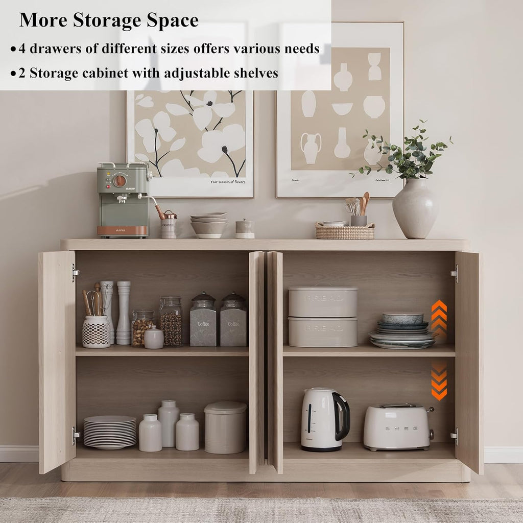 Fluted Buffet Cabinet with Storage, 120" Sideboard Buffet Storage Cabinet with 8 Doors & Solid Wood Handle, Coffee Bar Wood Credenza Cabinet for Kitchen, Living Room, Hallway, White Alder(2PCS)