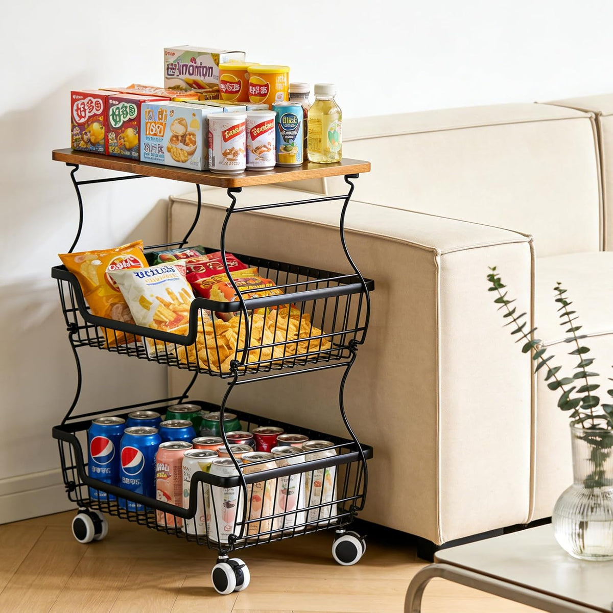 Pantry Floor Organizeron with Wheels, 3 Tier Rolling Fruit Vegetable Basket for Kitchen Stackable Wire Basket Stand for Home Removable Metal Vegetable Rack Wire Snack Cart