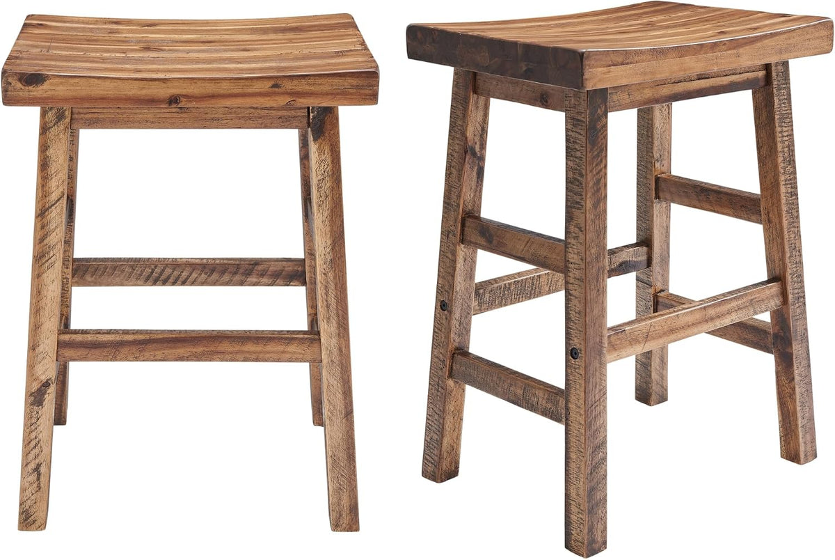 Alaterre Durango Solid Wood Rustic Bar Stool Set of 2, Natural, 26-Inch | Counter Height Backless Barstool Kitchen Seating with Saddle Seat, Barstools for Kitchen and Home Bar