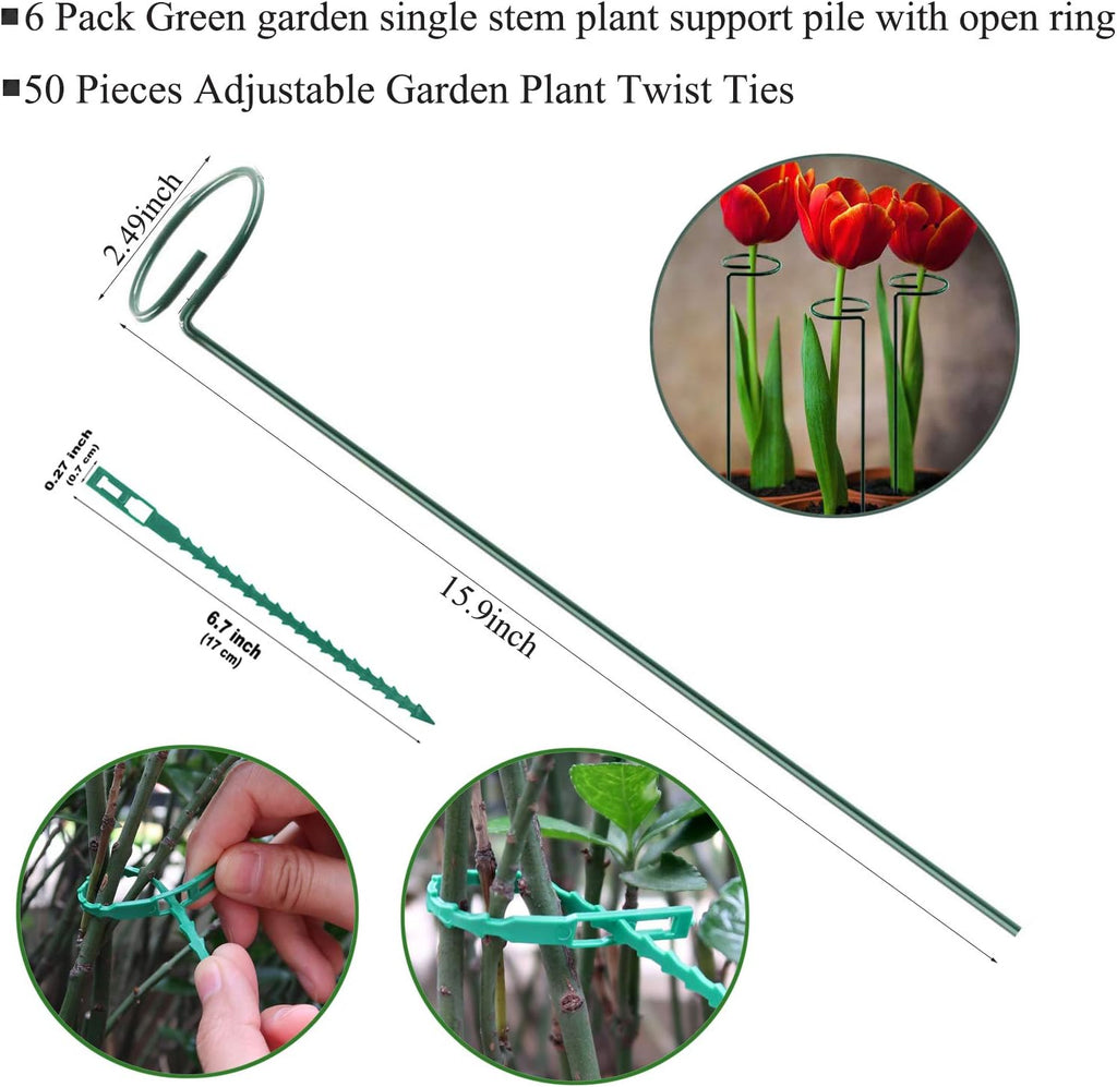 Plant Stake Support - 6 Pack, Garden Single Stem Support Stake Plant Cage Support Rings, Single Stem Plant Support Stakes, Plant Twist Ties, for Flowers Amaryllis Tomatoes Peony Lily Rose (15.9 inch)