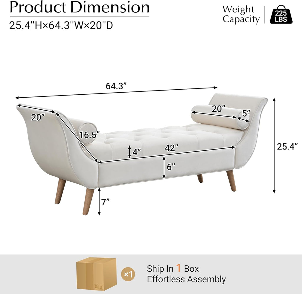 Setawix Velvet Upholstered Ottoman Bench with Flared Arms,Button Tufted Footstool Ottomans for Living Room Bedroom,Modern Rolled Arm Bed End Benches with Seating for Entryway,Window (Velvet Beige)