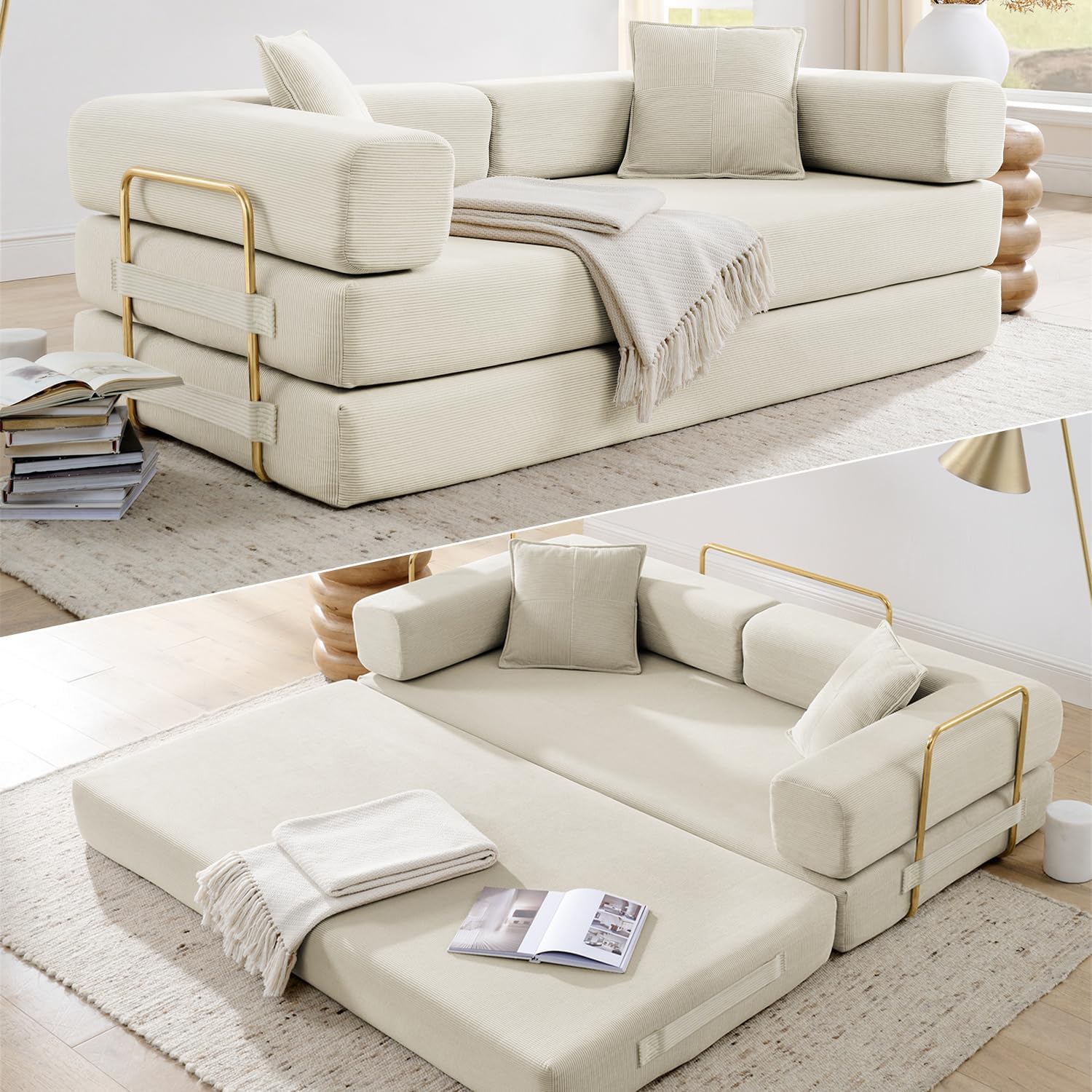 HANXIN 78 Inch Convertible Sleeper Sofa Bed, Folding Floor Mattress Couch with Fixed-Shape Frame, Futon Couch Lounge Loveseat with Pull Out Bed, No Assembly Required (Beige)