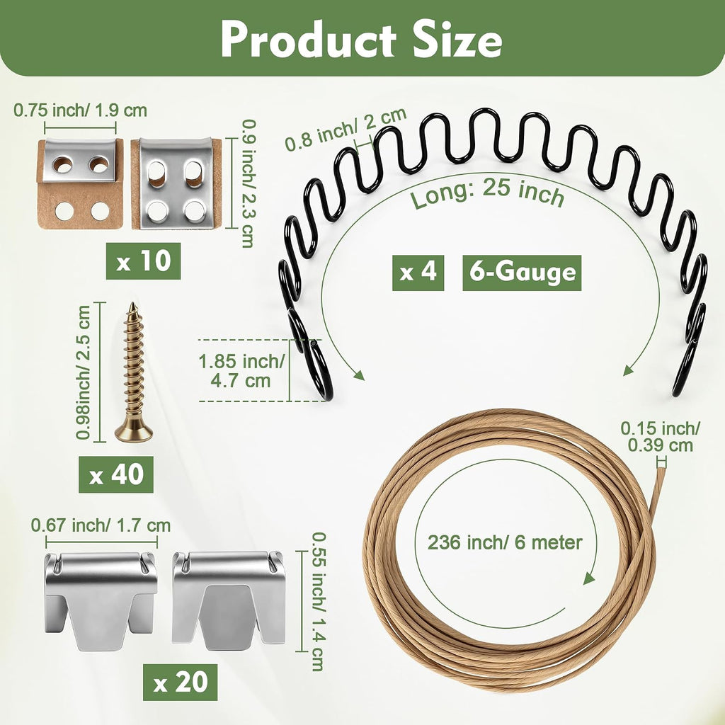 25" Couch Spring Repair Kit, 4Pack Upholstery Spring Seat Repair | for Fixing Sagging Sofa Recliner, 236” Stay Wire/ 4P Springs/ 10P Clips/ 20P Stay Wire Clips/ 40P Nails