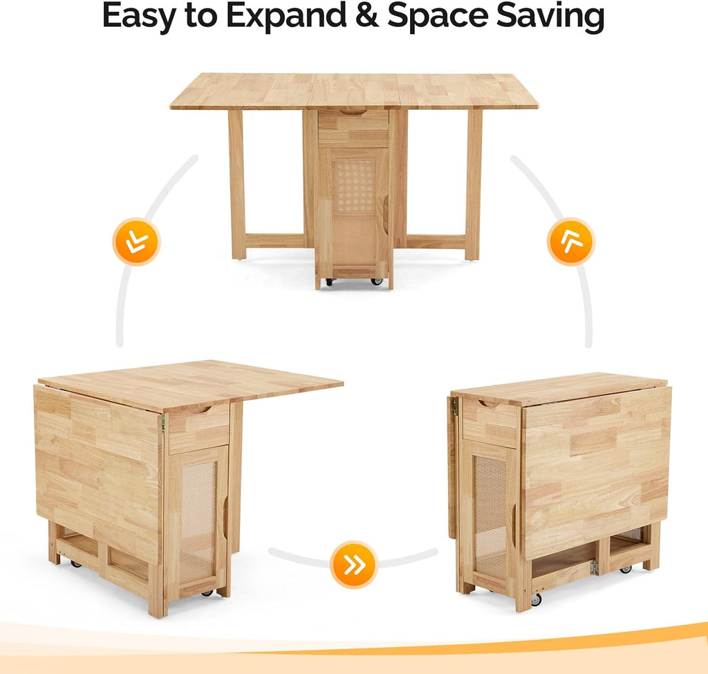 VINGLI 5-Piece Folding Dining Table Set, Extendable Drop Leaf Solid Wood Table with 4 Chairs, Drawers & Wheels, Space-Saving Design for Kitchen, Natural