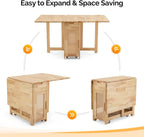 VINGLI 5-Piece Folding Dining Table Set, Extendable Drop Leaf Solid Wood Table with 4 Chairs, Drawers & Wheels, Space-Saving Design for Kitchen, Natural