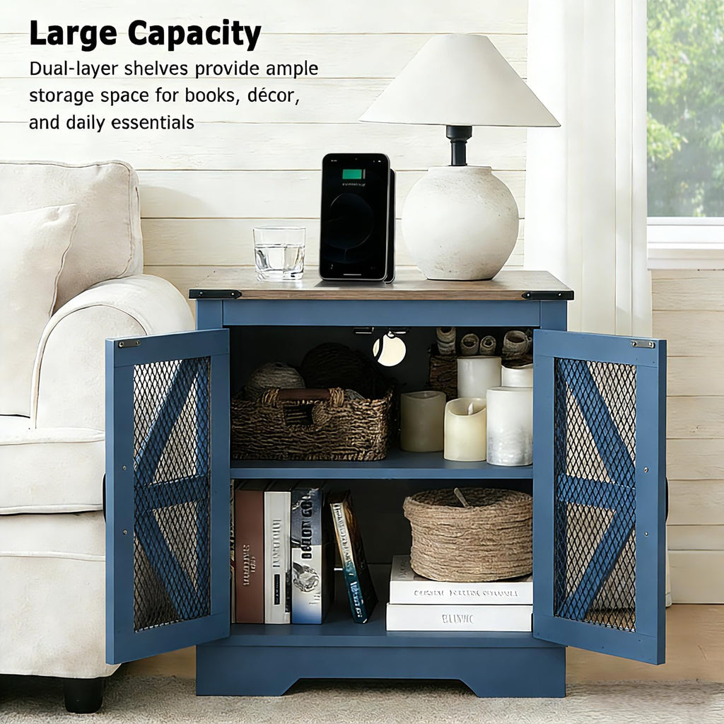 Farmhouse Coffee Table Set of 3, 1 Lift Top Coffee Table with Sliding Barn Doors and 2 End Tables with Charging Station, Living Room Table Set for Home Office, Blue
