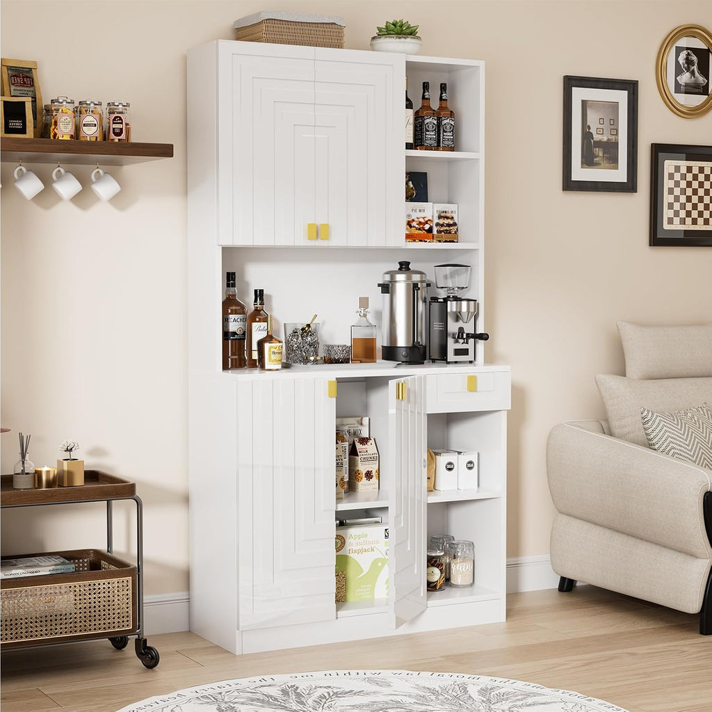 White Kitchen Pantry Cabinet, 71" Hutch Cabinet with Countertop & Power Outlet & Adjustable Shelves, High Gloss Wood Buffet Cabinet with Microwave Stand for Living Room, Dinning Room