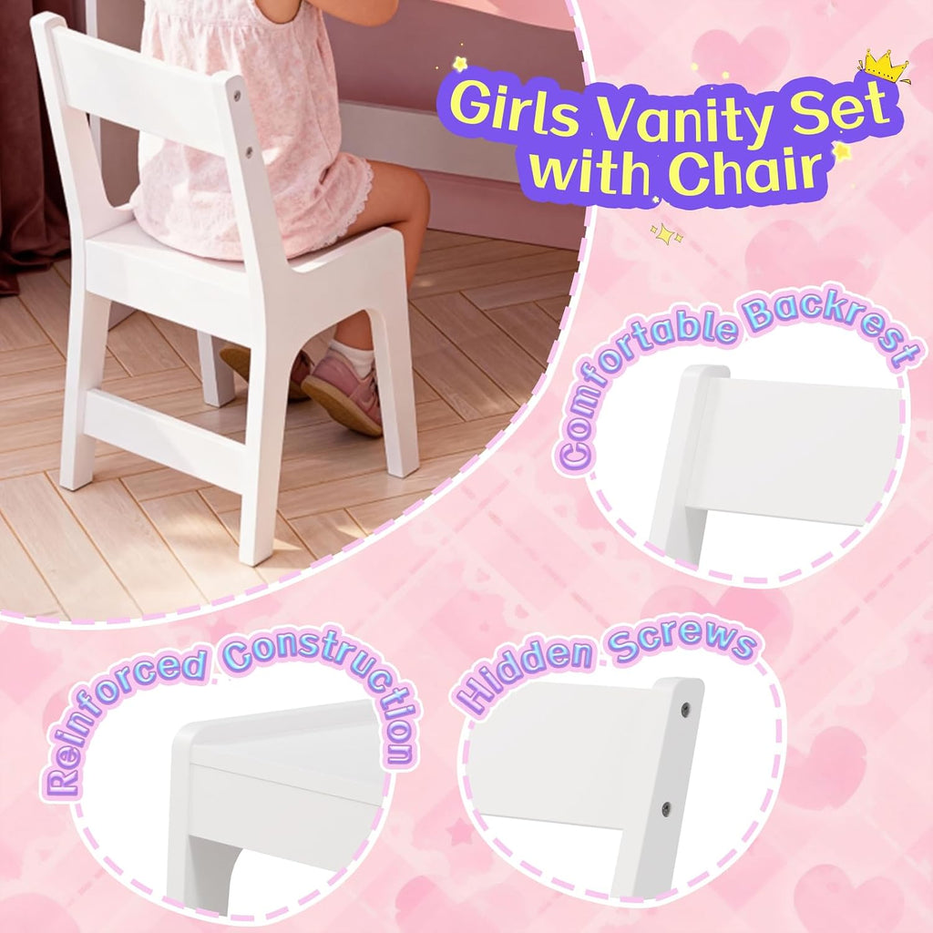 Teckid Kids Vanity Table and Chair Set with Lighted USB Mirror & Shelf | 3-mode USB lighted mirror with USB port. Open bookshelf. Small shelf below. Round corners. Stable stool. Easy to clean