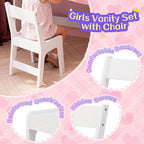 Teckid Kids Vanity Table and Chair Set with Lighted USB Mirror & Shelf | 3-mode USB lighted mirror with USB port. Open bookshelf. Small shelf below. Round corners. Stable stool. Easy to clean
