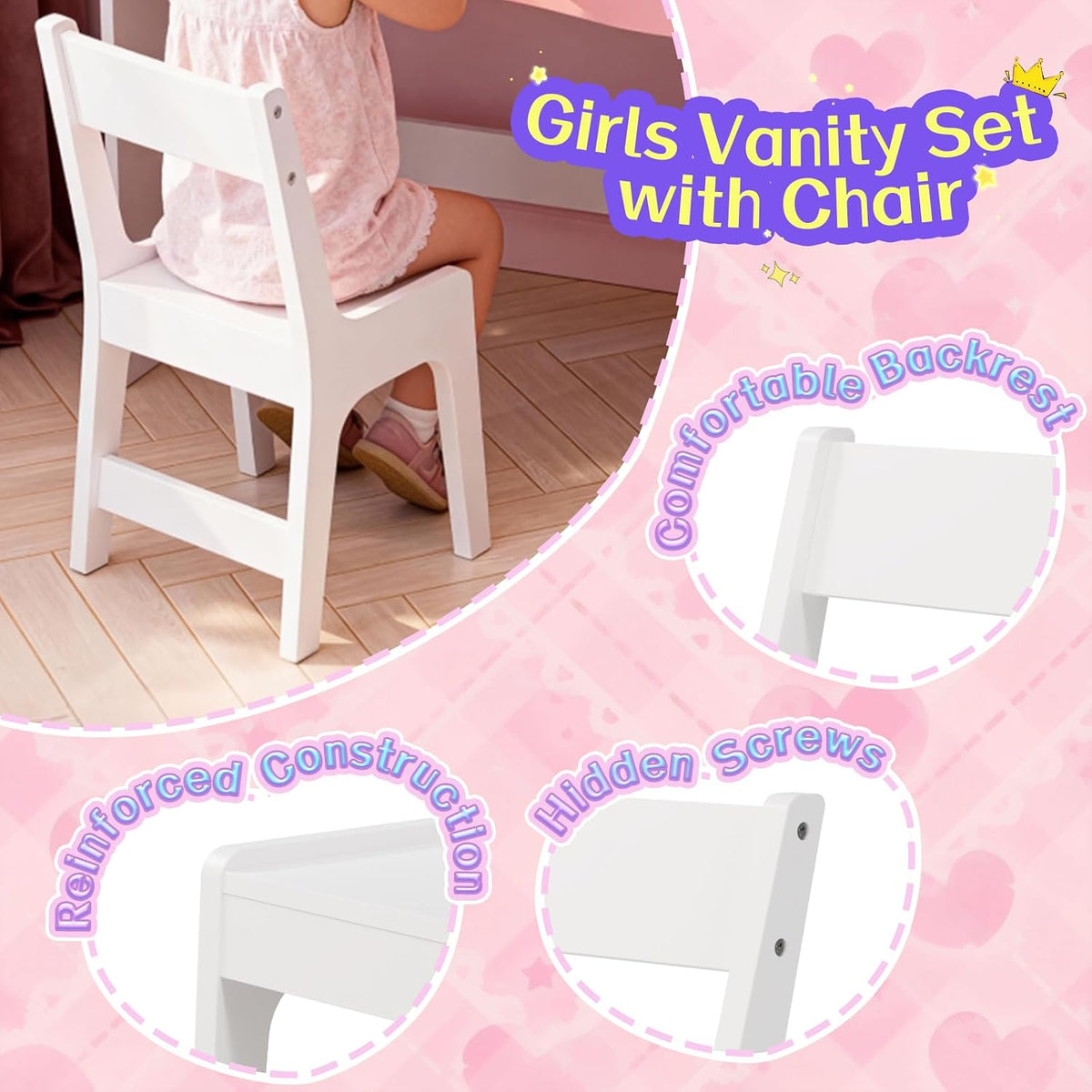 Teckid Kids Vanity Table and Chair Set with Lighted USB Mirror & Shelf | 3-mode USB lighted mirror with USB port. Open bookshelf. Small shelf below. Round corners. Stable stool. Easy to clean