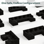 142" Modular Cloud Sectional Couch with Ottoman, Modern Upholstered Compressed Sofa with Deep Seat, Comfy U-Shape Corduroy Couches for Living Room, No Assembly Required, Black