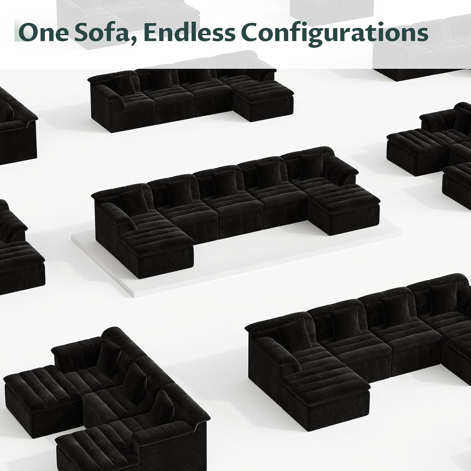 142" Modular Cloud Sectional Couch with Ottoman, Modern Upholstered Compressed Sofa with Deep Seat, Comfy U-Shape Corduroy Couches for Living Room, No Assembly Required, Black