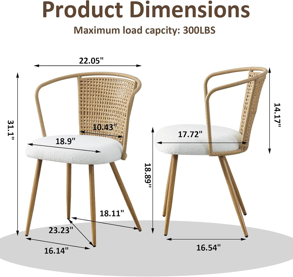 Rattan Dining Chairs,Upholstered Boucle Cushion with PE Cane Wing Back Kitchen Chair,Modern Dining Room Chair with Wood Metal Legs for Kitchen,Beige White Set of 4