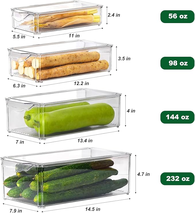 Taiuloo Set of 4 Fridge Organizer, Stackable Refrigerator Organizer Bins with Lids, Kitchen Pantry Cabinet Organization, BPA-Free Clear Food Storage Containers for Fruit, Vegetable, Cereal, Produce