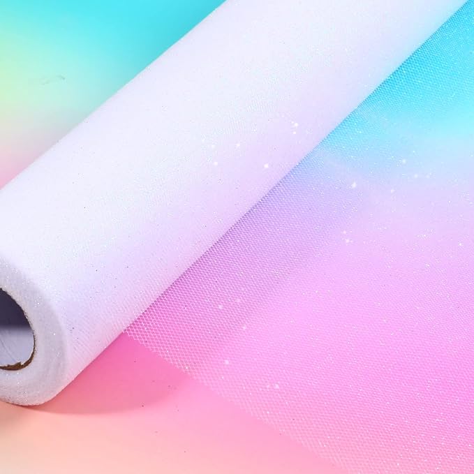 Sparkling Tulle Rolls, 15” by 30 Yards (90FT) Glitter Tulle Spool Ribbon Fabric for Wedding Birthday Bridal Shower Tutu Skirt Party Gift Wrapping (White)