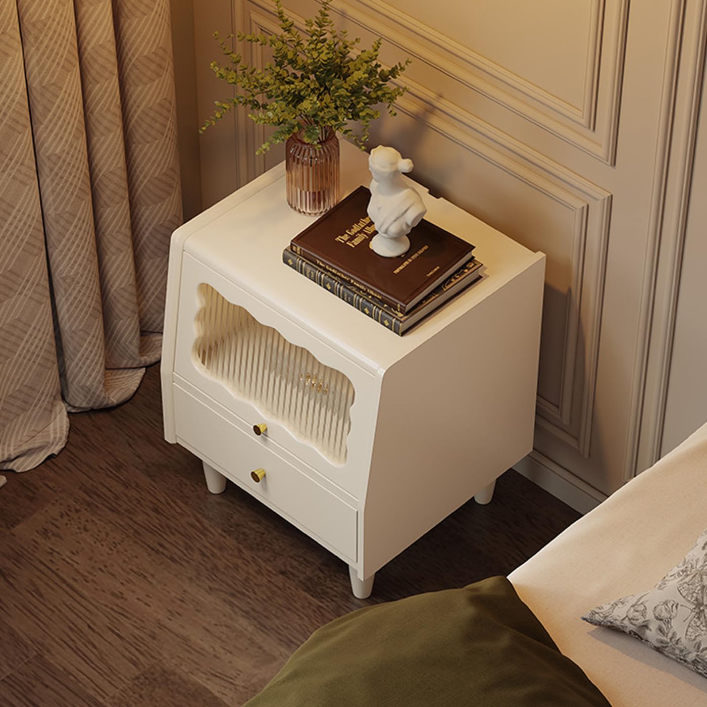 Gdrasuya10 White Solid Oak Wood Nightstand with 2 Drawers, Mid-Century Modern Night Stand Bedside Table Square Small Nightstand End Table Side Table for Bedroom Living Room