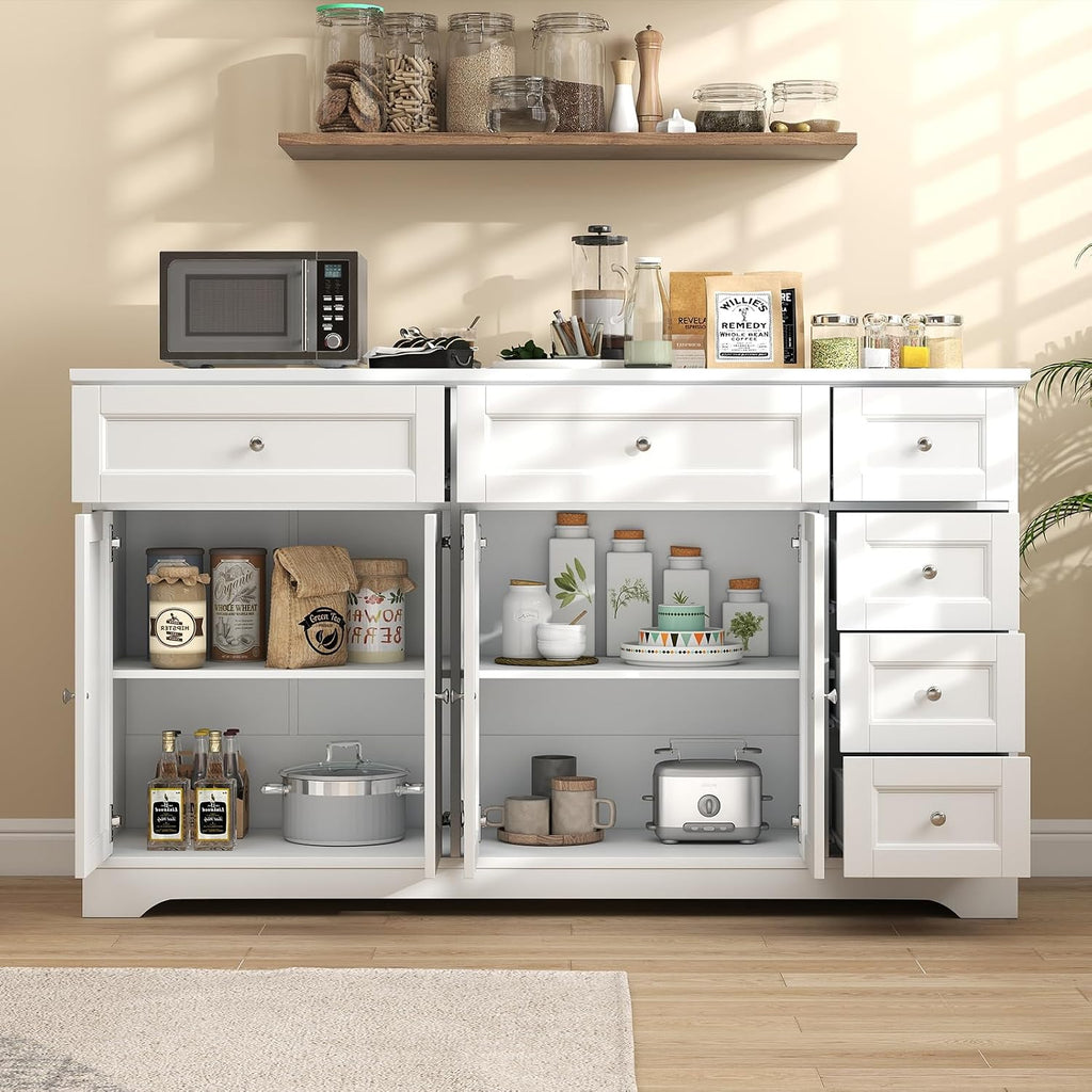 Giantex Large Buffet Cabinet with Storage, 59” Kitchen Cabinet with 4 Doors, 6 Drawers & 2 Adjustable Shelves, Modern Sideboard for Living Room, Coffee Bar, White