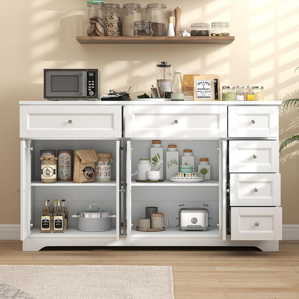 Giantex Large Buffet Cabinet with Storage, 59” Kitchen Cabinet with 4 Doors, 6 Drawers & 2 Adjustable Shelves, Modern Sideboard for Living Room, Coffee Bar, White