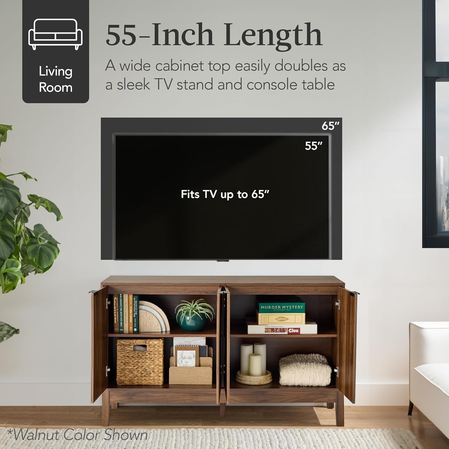 Best Choice Products 55" Modern 4-Door Sideboard Storage Cabinet, Buffet, Media Cabinet, Cupboard, Entryway Accent Table, Bookcase w/Reed Panels and Adjustable Shelves - Black