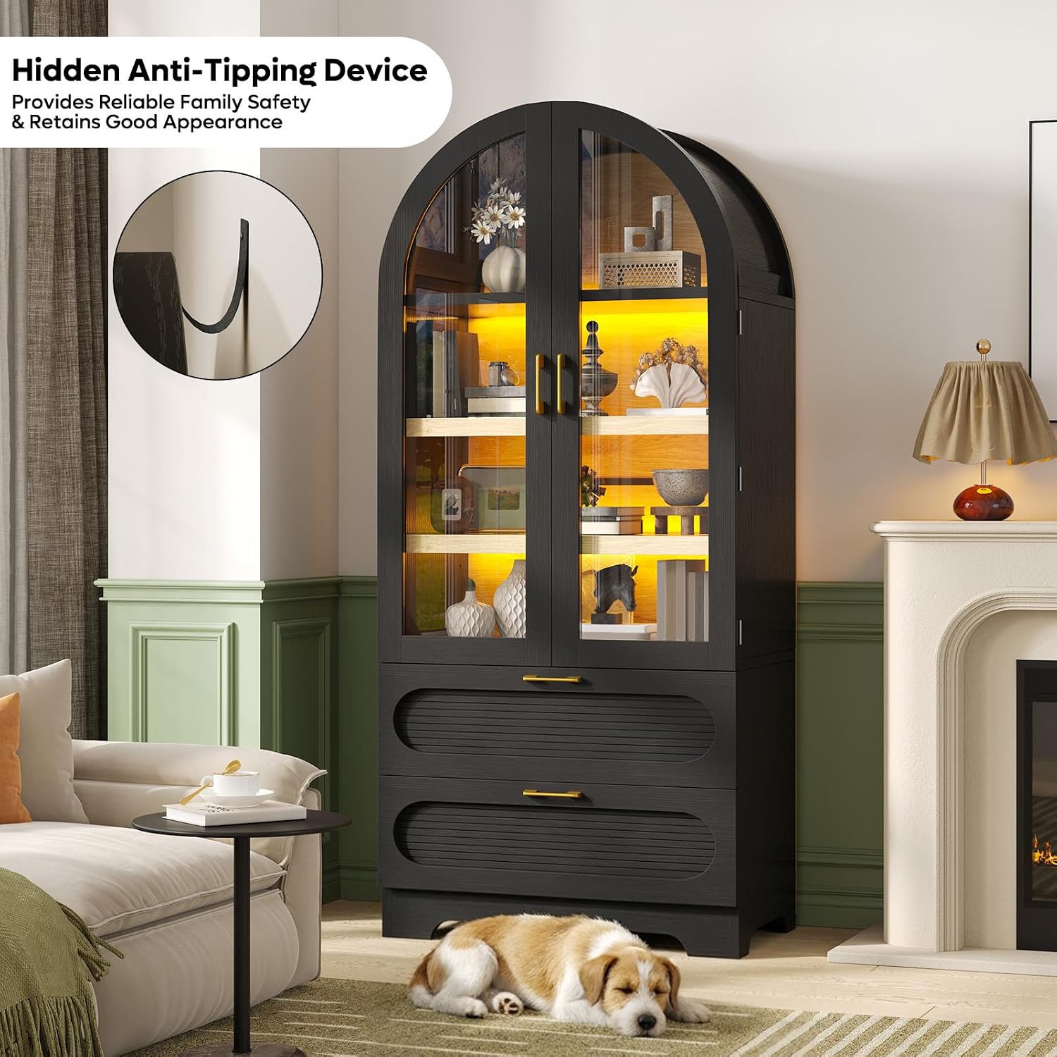 Bestier 71" Arched Kitchen Pantry Cabinet with LED Lights, 15.7" Deep Storage Cabinet with 3 Adjustable Shelves and 2 Drawers, Modern Farmhouse Cupboard for Living Room, Kitchen, Dining Room, Black