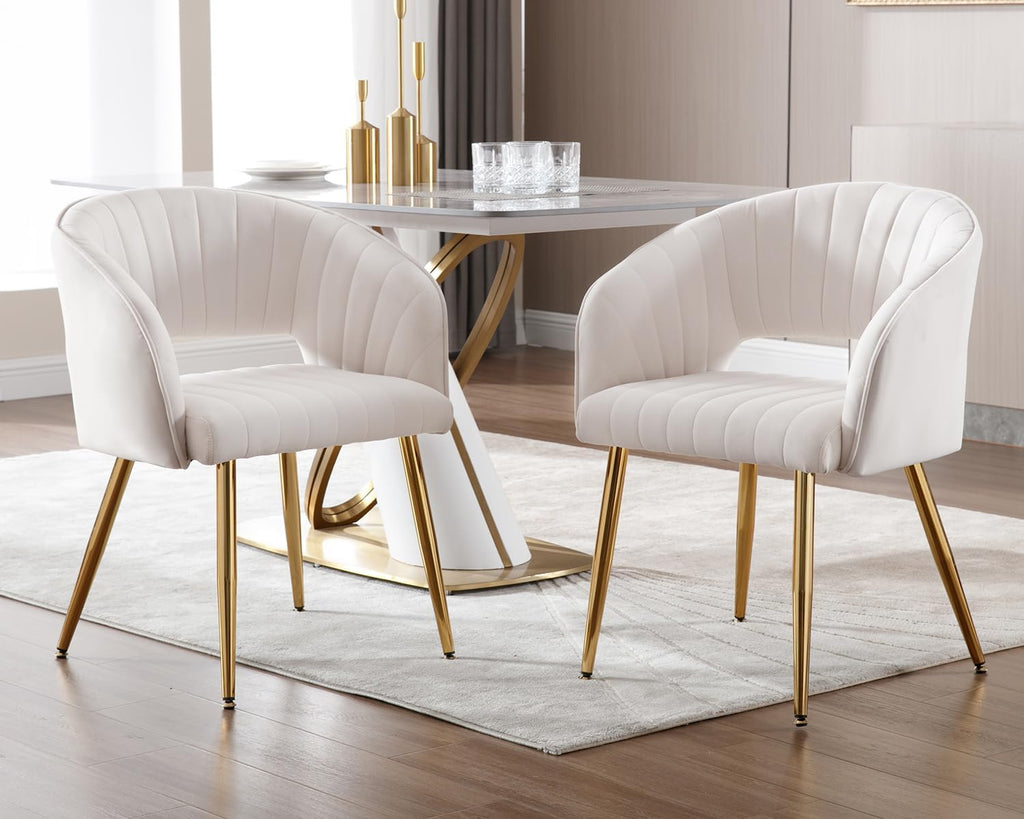 KCC Modern Velvet Desk Chair Accent Armchair Upholstered Tufted Chairs Dining Chairs, Tufted Vanity Chair Side Chairs with Gold Metal Legs for Dining Room Living Room Restaurant,1 PC &Cream