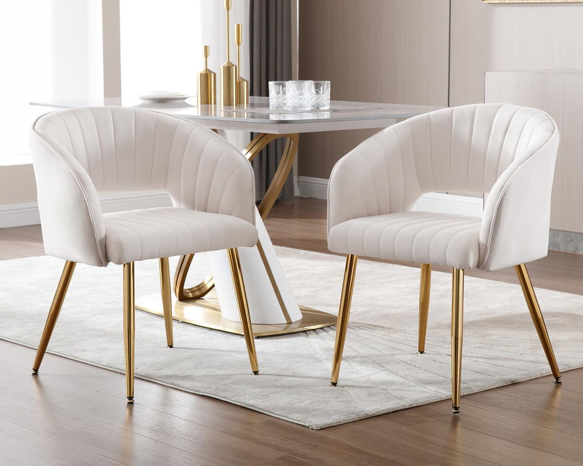 KCC Modern Velvet Desk Chair Accent Armchair Upholstered Tufted Chairs Dining Chairs, Tufted Vanity Chair Side Chairs with Gold Metal Legs for Dining Room Living Room Restaurant,1 PC &Cream