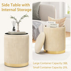 GIANTEX Ottoman with Storage, 1 Large & 1 Small Nesting Ottoman Side Table | Set of 2 Storage Ottomans, Upholstered Velvet/Linen Round Foot Rest Vanity Stool for Bedroom Living Room, Beige & Golden