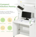 Farmhouse Kitchen Pantry Cabinet with Foldable Workstation, Kitchen Storage Cabinets with Adjustable Shelf & Power Outlet, Versatile Cupboard for Dining Room, Living Room,White