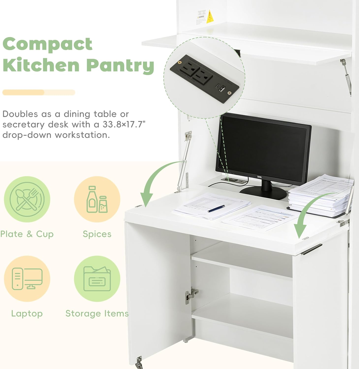 Farmhouse Kitchen Pantry Cabinet with Foldable Workstation, Kitchen Storage Cabinets with Adjustable Shelf & Power Outlet, Versatile Cupboard for Dining Room, Living Room,White
