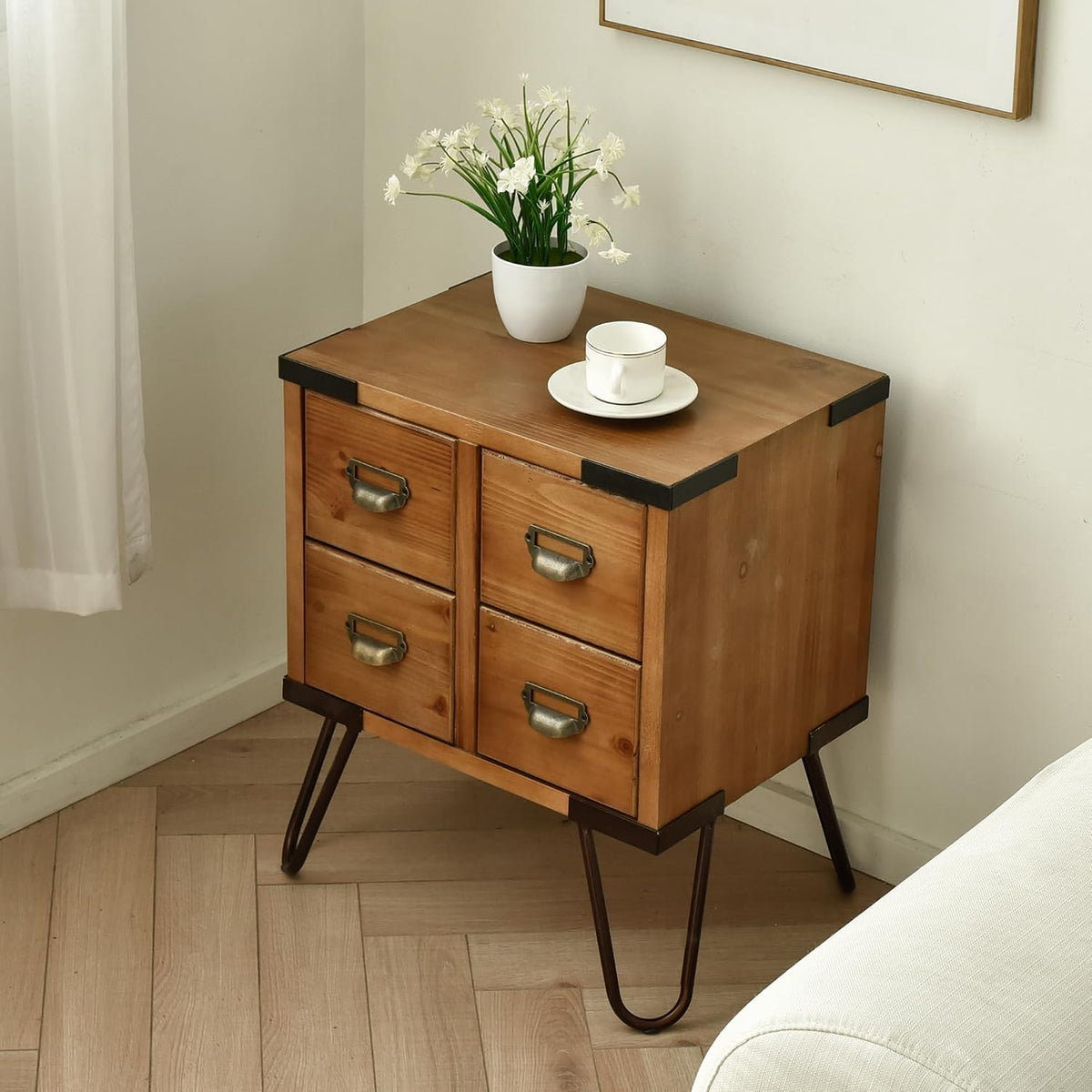 eHemco Antique Style 4-Drawer Storage End Table Side Table with Metal Hairpin Legs, Antique Walnut