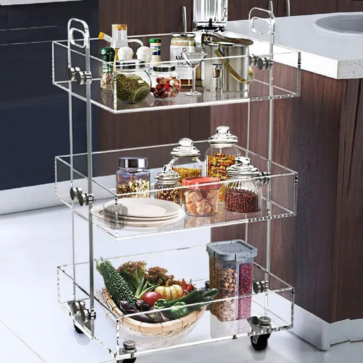 Gdrasuya10 Clear Acrylic Side Table with Wheels, 3 Tier Acrylic End Table Side Table Rolling Serving Cart Snack Table Easy Assemble for Couch Living Room Party Balcony