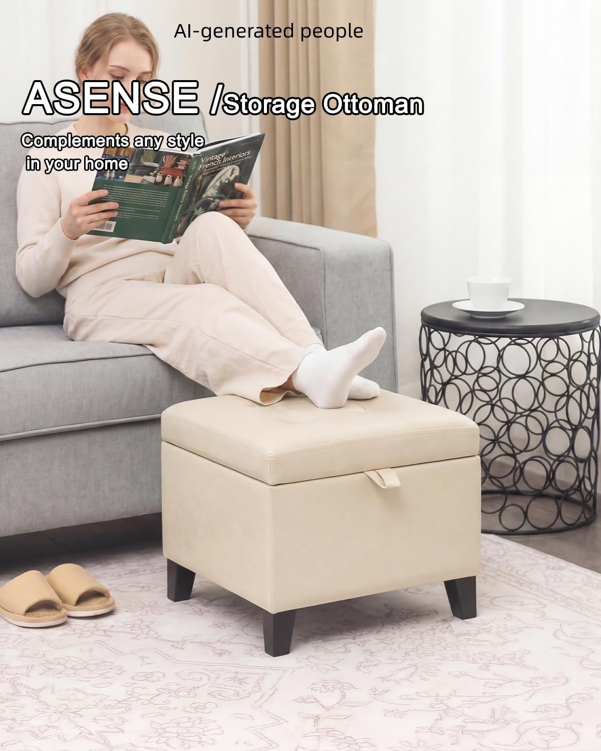 Asense 17 Inch Storage Ottoman Foot Rest,Square Faux Leather Foot Stool,Small Ottoman with Storage,Padded Seat for Entryway,Living Room,Bedroom,Couch,Under Desk,Beige