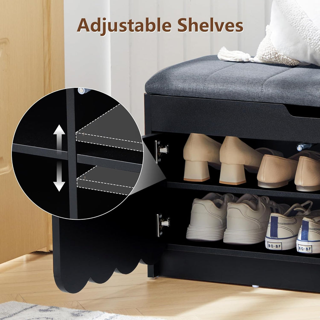ORRD Shoe Storage Bench with Cushion, Entryway Shoe Cabinet Bench with 2 Scalloped Doors & Adjustable Shelf, 2-Tier Shoe Rack Organizer Cabine for Entryway, Hallway, Living Room (Black)