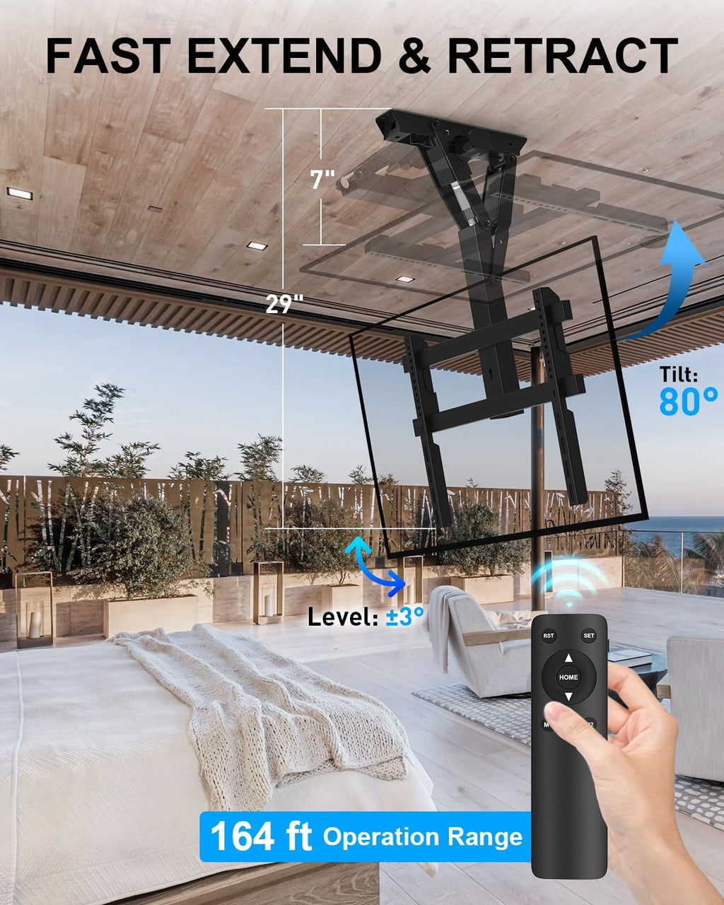Electric Ceiling TV Mount with Remote for 23-55 inch Flat Curved Screen TVs | Motorized Flip Down Ceiling Mount for Flat and Pitched Roof Indoor Outdoor, Drop Down VESA Mount Bracket, Black
