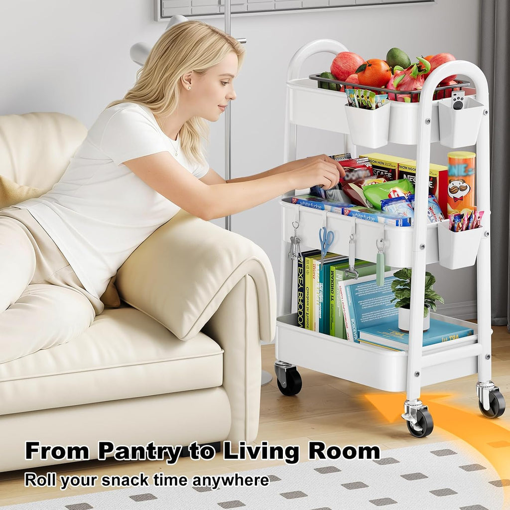3 Tier Rolling Storage Cart with Wheels for Pantry Floor Organzier, Metal Utility Roller Trolley on Lockable Wheels, Three Tiered Snack Carts for Laundry, Kitchen Organziers, Art, Craft, Book, White