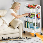 3 Tier Rolling Storage Cart with Wheels for Pantry Floor Organzier, Metal Utility Roller Trolley on Lockable Wheels, Three Tiered Snack Carts for Laundry, Kitchen Organziers, Art, Craft, Book, White