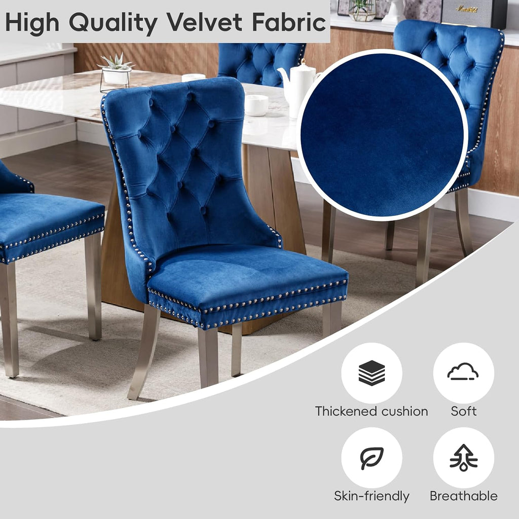 Modern Velvet Upholstered Dining Chairs Set of 4 - Tufted Back with Nailhead Trim & Silver Stainless Steel Legs for Kitchen, Dining Room, Living Room (Blue)